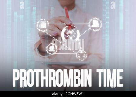 Text showing inspiration Prothrombin Time. Business overview evaluate your ability to appropriately form blood clots Lady In Uniform Touching And Stock Photo
