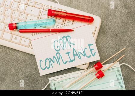 Hand writing sign Gdpr Compliance. Business approach protection and privacy of the European Union showing Typing Medical Notes Scientific Studies And Stock Photo