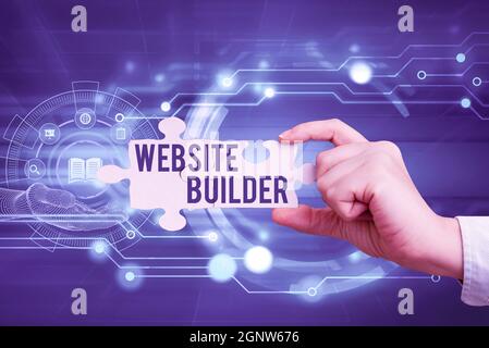 Conceptual display Website Builder. Word for construction of websites without manual code editing Hand Holding Jigsaw Puzzle Piece Unlocking New Stock Photo