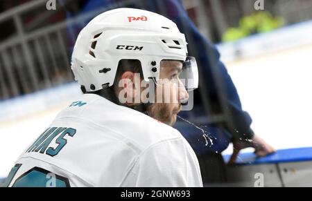 Goalie of Sweden Magnus Hellberg (left) and Yegor Sharangovich (right) of  Belarus in action during the Ice Hockey World Championships match Sweden  vs. Belarus in Copenhagen, Denmark., May 4, 2018. (CTK Photo/Ondrej