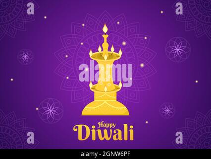 Happy Diwali Hindu Festival Background Vector Illustration with Lanterns, lighting Fireworks, Peacock and Mandala or Rangoli Art For Poster, Greeting Stock Vector