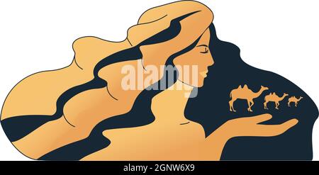 The image of the desert. Girl with camels. A caravan of camels going into the distance. Vector illustration Stock Vector