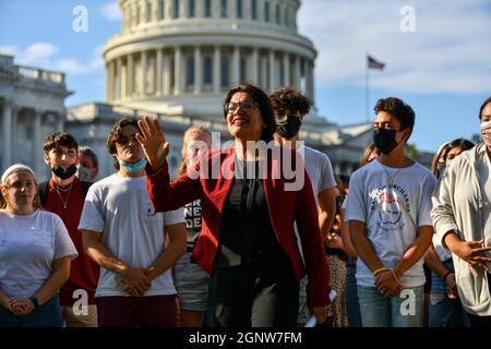 Washington, USA. 27th Sep, 2021. Congresswoman Rashida Tlaib speaks to protesters from activist group The People's Watch, who gathered at the U.S. Capitol to call on Congress to include progressive causes in the infrastructure bill that they are currently debating in Washington, DC on September 27, 2021. (Photo by Matthew Rodier/Sipa USA) Credit: Sipa USA/Alamy Live News Stock Photo