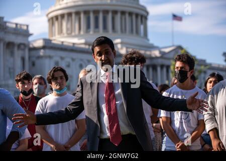 Washington, USA. 27th Sep, 2021. Congressman Ro Khanna speaks to protesters from activist group The People's Watch, who gathered at the U.S. Capitol to call on Congress to include progressive causes in the infrastructure bill that they are currently debating in Washington, DC on September 27, 2021. (Photo by Matthew Rodier/Sipa USA) Credit: Sipa USA/Alamy Live News Stock Photo