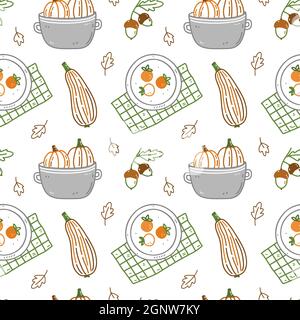 Seamless pattern with autumn elements - pumpkins, acorns, zucchini, leaves and plates with persimmon. Vector illustration in doodle style. Perfect for holiday designs, wrapping paper, decorations. Stock Vector