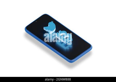 Buenos Aires, Argentina - September 27th, 2021: Isometric projection of mobile phone with Twitter and bitcoin logo isolated on white background. 3d il Stock Photo