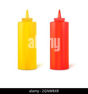 Two bottle for catsup and mustard isolated on white background. Stock Vector
