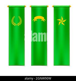 Green vertical flags with emblems isolated on white background. Stock Vector