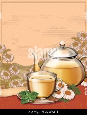 3d illustration organic chamomile tea ads on retro engraved style garden background Stock Vector