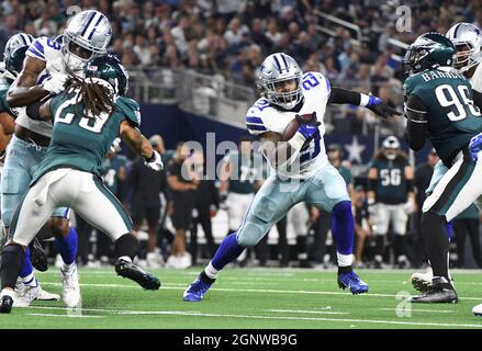 Arlington, United States. 27th Sep, 2021. Dallas Cowboys running back Ezekiel Ellott runs against the Philadelphia Eagles during their NFL game at AT&T Stadium in Arlington, Texas on Monday, September 27, 2021. Photo by Ian Halperin/UPI Credit: UPI/Alamy Live News Stock Photo