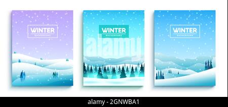 Winter background vector set. Winter text in snowy forest landscape with snowfall, fir trees and mountain elements for cold snow season banner design. Stock Vector