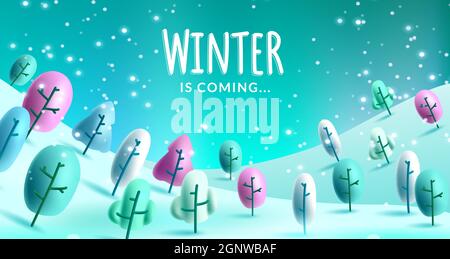 Winter vector background design. Winter is coming text with doodle shape trees and snowflakes falling in snowy forest land for snow season greeting. Stock Vector