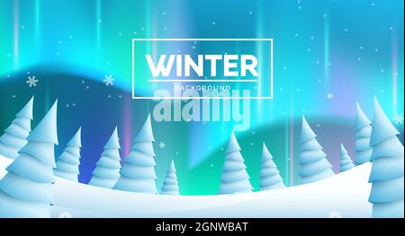 Winter northern lights vector background design. Winter text with aurora borealis and fir trees elements in snowy ice land for cold snow season. Stock Vector