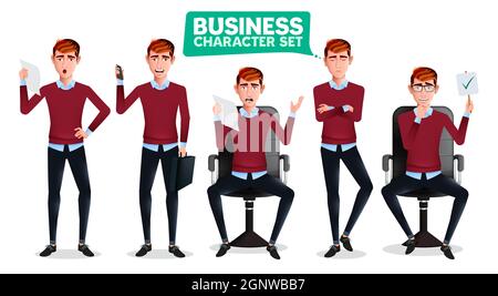 Business man characters vector set. Businessman character sitting and standing with angry, happy and thinking expressions for male boss collection Stock Vector