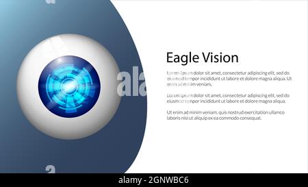 Digital eye on banner for website for eye clinic or surveillance systems. Numbers with circles in blue pupil. Vector illustration. Stock Vector