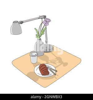 bread and takeaway coffee with lamp and bottle of plants on table iillustration vector isolated on white background Stock Vector
