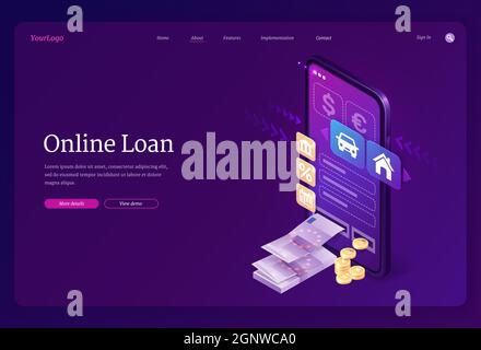 Online loan website. Mobile service for receive financial credit. Vector landing page of banking lending with isometric smartphone, money cash, icons of house and car on phone screen Stock Vector