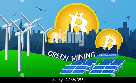Concept of using green energy to protect the environment when mining bitcoin. Windmills and solar panels stand on the green grass to generate electric Stock Vector