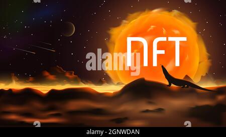 Word NFT non fungible token on fantastic space landscape in the style of realism. Paintings are sold and bought for tokens. NFT and lizard on backgrou Stock Vector