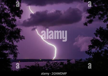 Lightning Bolt Striking Down Over Upper Peoria Lake Stock Photo