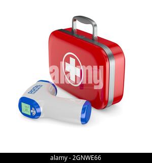 first aid kit and thermometer on white background. Isolated 3D illustration Stock Photo