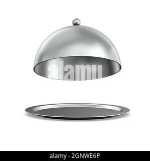 open metallic cloche on white background. Isolated 3d illustration Stock Photo