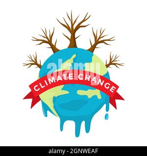 climate change concept illustration, with earth melted and dead tree Stock Vector