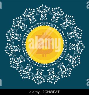 Blockchain vector background illustration on a dark blue background Stock Vector