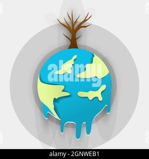 climate change concept, illustration melted earth in paper art cut style Stock Vector