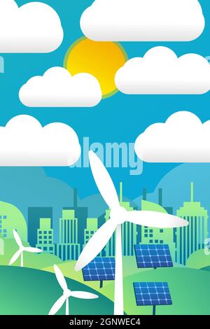 vertical flat design green energy environmental concept with windmills, solar panels, and town Stock Vector