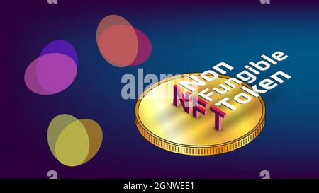 NFT non fungible tokens infographics with isometric text on golden coin and abstract shapes on blue background. Pay for unique collectibles in games o Stock Vector