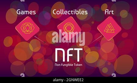 NFT non fungible tokens infographics on colorful abstract background. Pay for unique collectibles in games or art. Vector illustration. Stock Vector