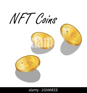 Set of detailed isometric golden coins NFT non fungible tokens isolated on white. Pay for unique collectibles in games or art. Vector illustration. Stock Vector