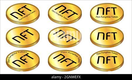 Set of isometric golden coins NFT non fungible tokens isolated on white. Pay for unique collectibles in games or art. Vector illustration. Stock Vector