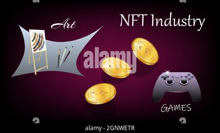 Banner of non-fungible NFT tokens in art and gaming industry with easel and console gamepad with isometric falling coins. Pay for unique collectibles Stock Vector