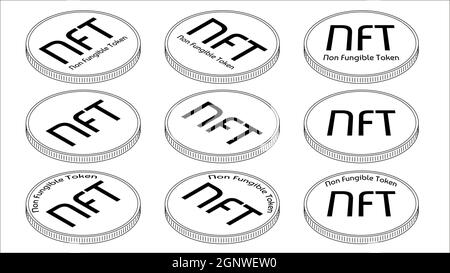 Set of isometric outline coins NFT non fungible tokens isolated on white. Pay for unique collectibles in games or art. Vector illustration. Stock Vector