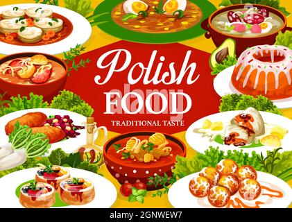 Polish cuisine food poster or restaurant menu cover with Poland dishes, vector. Polish cuisine traditional meals, pork schnitzel, white borscht and zurek soup, mutton in sour cream and Christmas carp Stock Vector