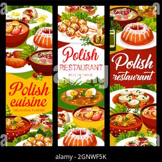 Polish cuisine food banners or menu dishes and meals, vector lunch and dinner. Polish cuisine white borscht and pork schnitzel, Warsaw donuts and pike perch with Christmas carp and zurek soup Stock Vector