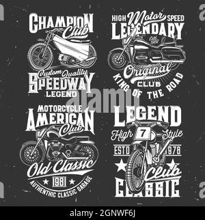 Tshirt prints with racing off road bikes, vector design for sports team apparel. T shirt emblems with custom motorcycles and typography. Monochrome isolated white labels on black grunge background set Stock Vector