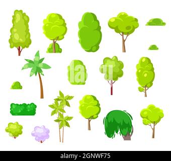 Landscape design cartoon trees, plants, shrubs and palms. Vector park and tropical trees isolated on white background. Natural plants with green leaves and brown trunks, landscape design elements Stock Vector