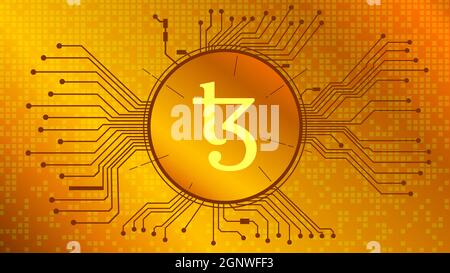 Tezos XTZ cryptocurrency token symbol in circle with PCB tracks on gold background. Currency coin icon. Vector illustration. Stock Vector