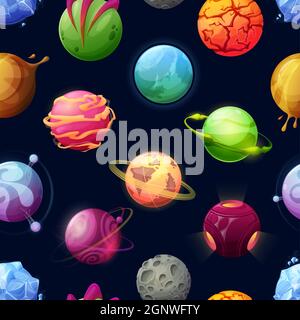 Cartoon space planets and stars seamless pattern. Futuristic vector background with asteroids, fantastic cosmic alien world. Galaxy objects with rings, craters and glowing surface, astronomy Stock Vector