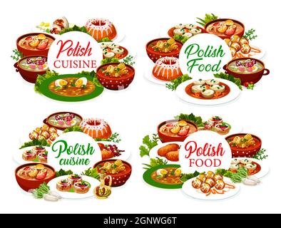 Polish cuisine menu cover design, food dishes of Poland, vector restaurant meals. Traditional Polish cuisine food, pork schnitzel and borscht, Warsaw donuts and baba cupcake pastry with pike perch Stock Vector