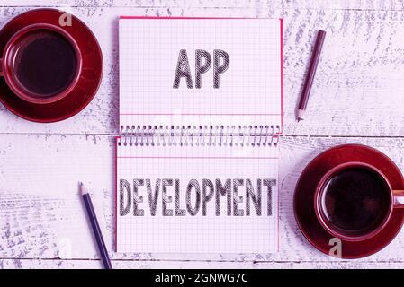Writing displaying text App Development. Business concept Development services for awesome mobile and web experiences Display of Different Color Stock Photo