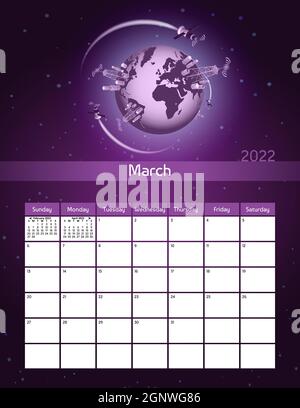 Us letter paper size vector futuristic monthly planner calendar March 2022 week starts on Sunday. Vertical 5g technology organizer, habit tracker with Stock Vector