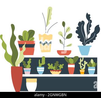 Flowers and houseplants in pots and vases decor Stock Vector