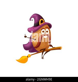 Potato wizard flying on magic broom in magician hat and cape isolated funny cartoon character with mustaches on face. Vector fairy sorcerer kids children food, vegetable or veggie kawaii emoticon Stock Vector