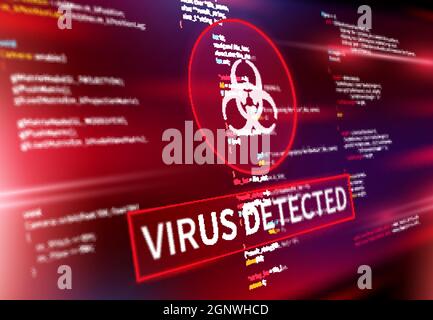 Virus detected warning alert message on computer screen, vector internet cyber security background. Hacking attack and virus detection spyware or digital antivirus malware for internet data fraud Stock Vector