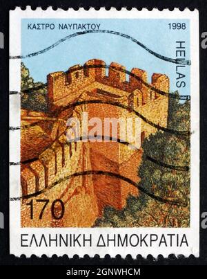 GREECE - CIRCA 1998: a stamp printed in the Greece shows Navpaktos, Castle Ruin in Greece, circa 1998 Stock Photo