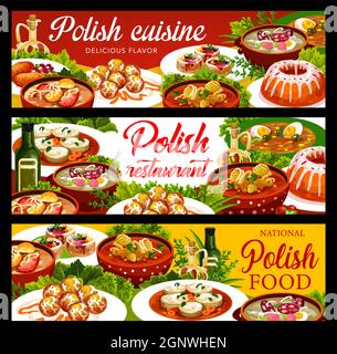 Polish cuisine food banners with lunch and dinner dishes, vector traditional menu of Poland. Polish national cuisine white borscht and pork schnitzel, Christmas carp and zurek soup with Warsaw donuts Stock Vector